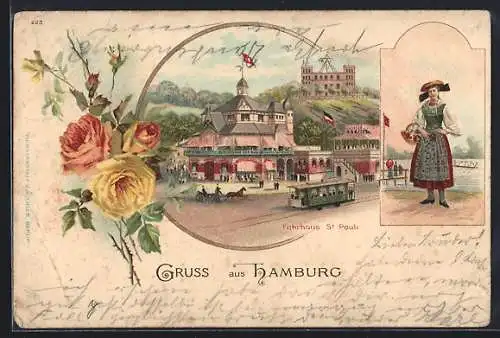 Lithographie Hamburg-St. Pauli, Fährhaus und Strassenbahn, junge Frau in Tracht