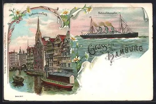 Lithographie Alt-Hamburg, Schnelldampfer, Catharinenfleth