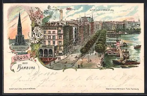 Lithographie Hamburg-Neustadt, Nicolaikirche, Alter Jungfernstieg