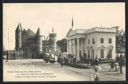 AK Bordeaux, Exposition Maritime 1907, Pavillon des Etats-Unis et Pavillon de Belgique