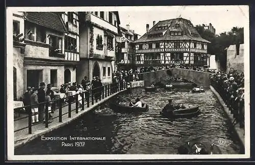 AK Paris, Exposition internationale 1937, Parc d`Attractions, Canots automobiles sur le Canal du Village Alsacien