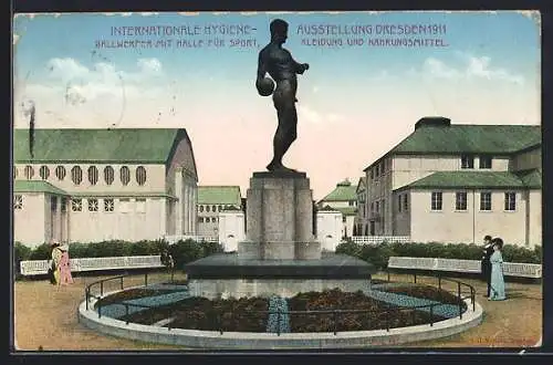 AK Dresden, Intern. Hygiene-Ausstellung 1911, Ballwerfer mit Halle für Sport, Kleidung und Nahrungsmittel