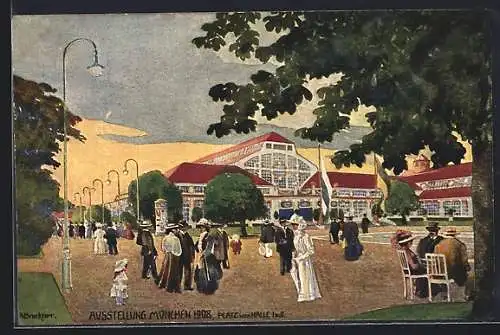 Künstler-AK München, Ausstellung München 1908, Platz und Halle I. und II.