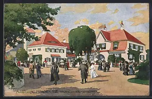 Künstler-AK München, Ausstellung 1908, Eingang zum Vergnügungspark