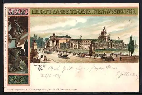 Lithographie München, 2. Kraft- und 5. Arbeitsmaschinen-Ausstellung, Ausstellungshalle, Um 1900