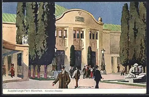 Künstler-AK München, Ausstellung 1908, Besucher vor dem Künstlertheater