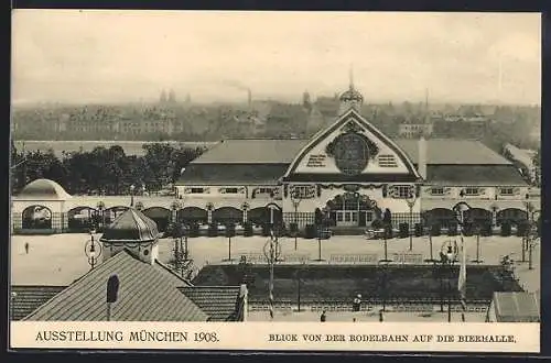 AK München, Blick von der Rodelbahn auf die Bierhalle Ausstellung München 1908