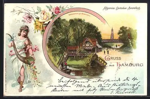 Passepartout-Lithographie Hamburg, Allgemeine Gartenbau-Ausstellung, Waldschänke