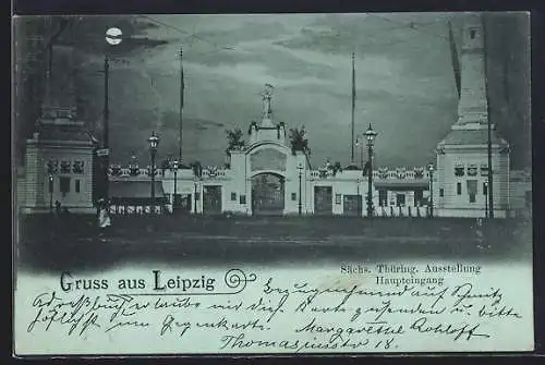 Mondschein-AK Leipzig, Sächs. Thüring. Ausstellung, Haupteingang