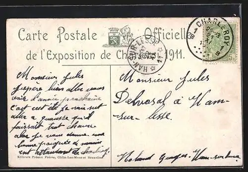 AK Charleroi, Exposition de Charleroi 1911, Facade des Grands Halls et Pavillon Adolphe Delhaize et Cie