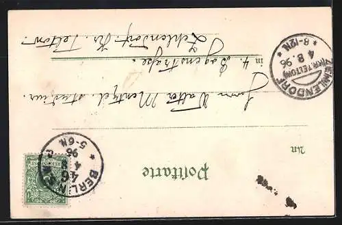 Lithographie Berlin, Gewerbe-Ausstellung 1896, Panorama der Alpenfahrt n. d. Zillertal, Haupt-Restaurant m. Wasserturm