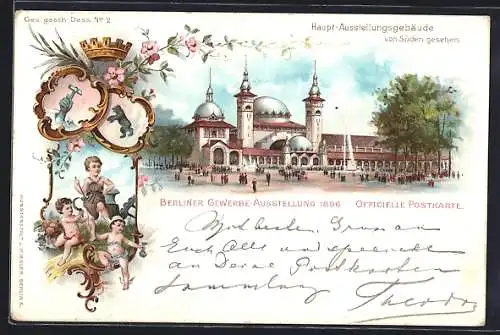 Lithographie Berlin, Gewerbe-Ausstellung 1896, Haupt-Ausstellungsgebäude von Süden, Berliner Bär