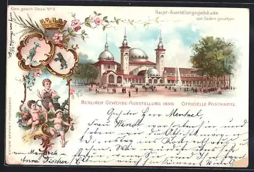 Lithographie Berlin, Gewerbe-Ausstellung 1896, Haupt-Ausstellungsgebäude von Süden, Berliner Bär