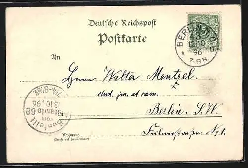 Lithographie Berlin, Gewerbe-Ausstellung 1896, Haupt-Ausstellungsgebäude von Süden, Berliner Bär