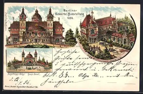 Lithographie Berlin, Gewerbe-Ausstellung 1896, Ausstellungs-Palast, Bau & Ingenieurs-Ausstellung