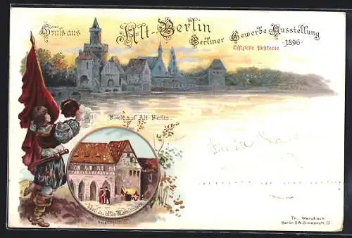 Lithographie Berlin, Gewerbe-Ausstellung 1896, Alt-Berlin, Mann mit Fahne