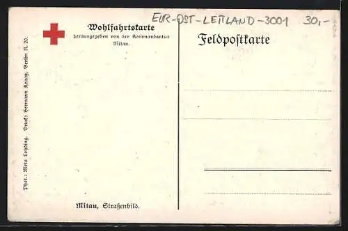 AK Mitau, Rotes Kreuz, Pferdegespanne des dt. Heeres fahren durch den Ort