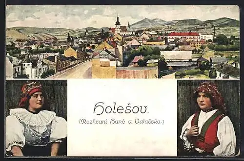 AK Holesou, Ortsansicht, Frauen in Tracht
