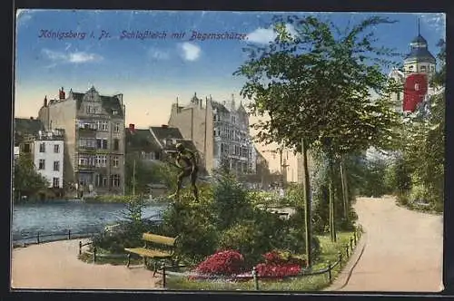 AK Königsberg, Schlossteich mit Statue des Bogenschützen