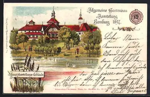 Lithographie Hamburg, Allg. Gartenbau-Ausstellung 1897, Haupt-Ausstellungs-Gebäude, Schwäne