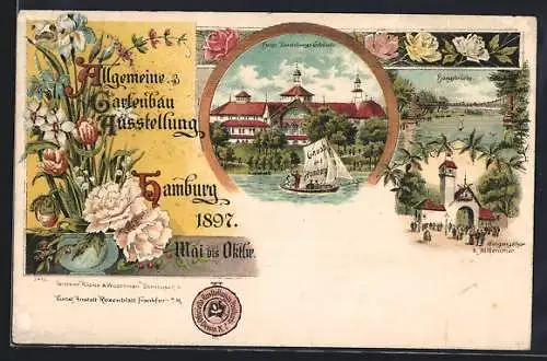 Lithographie Hamburg, Allgemeine Gartenbau-Ausstellung 1897 mit Hauptausstellungsgebäude und Hängebrücke