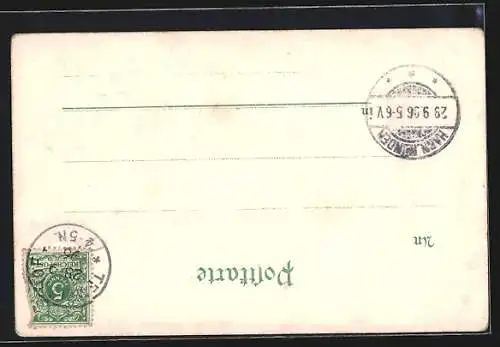 Lithographie Berlin, Gewerbe-Ausstellung 1896, Panorama der Alpenfahrt n. d. Zillertal, Haupt-Restaurant m. Wasserturm