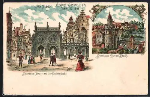 Lithographie Berlin, Gewerbe-Ausstellung 1896, Spandauer Strasse mit der Gerichtslaube, Spandauer Thor mit Brücke