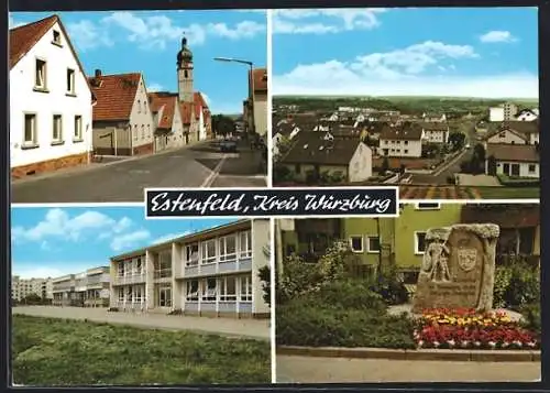 AK Estenfeld, Strassenpartie mit Kirchturm, Schulgebäude, Blick über den Ort