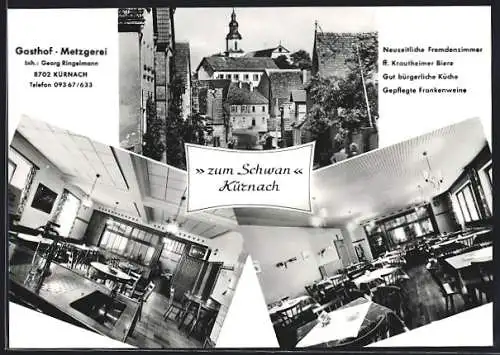 AK Kürnach / Würzburg, Gasthof Zum Schwan, Blick in Gaststube und Schankraum