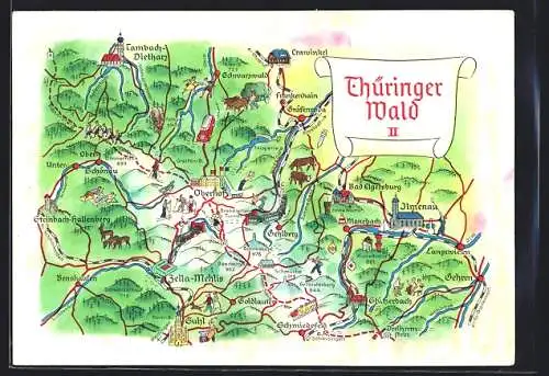 AK Oberhof / Thüringen, Landkarte um die Stadt im Thüringer Wald
