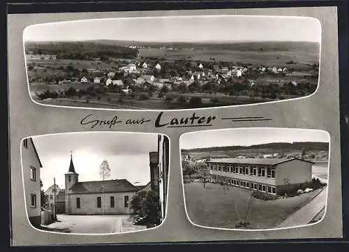 AK Lauter / Mainfranken, Ansicht der Kirche, Ortsansicht aus der Vogelschau