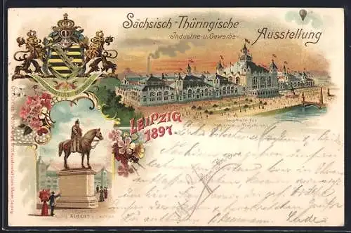 Lithographie Leipzig, Sächsisch Thüringische Industrie & Gewerbe-Ausstellung 1897, Reiterstandbild König Albert /Sachsen