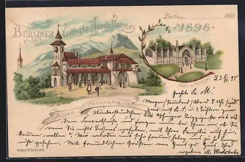 Lithographie Berlin, Gewerbe-Ausstellung 1896, Alpenpanorama, Gas & Wasser