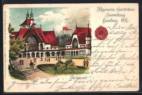 Lithographie Hamburg, Allgemeine Gartenbau-Ausstellung 1897, Hauptausstellungsgebäude und Restaurant