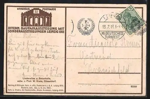 AK Leipzig, Intern. Baufachausstellung 1913, Lindenallee und Betonhalle