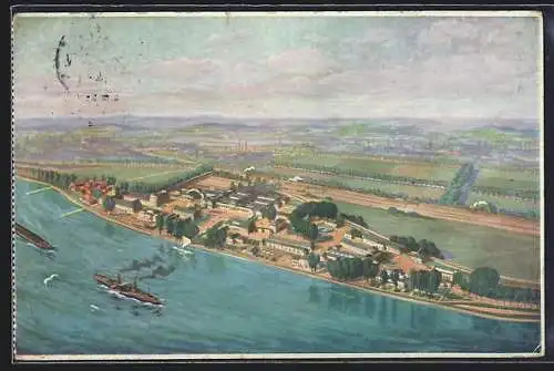 AK Köln / Rhein, Deutsche Werkbund-Ausstellung 1914, Ausstellungsgelände aus der Vogelschau, Dampfer