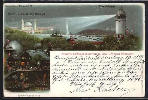 AK Berlin, Gewerbe-Ausstellung 1896, Haupt-Ausstellungsgebäude, Wasserturm, Spreewaldschänke