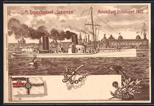 Lithographie Düsseldorf, Ausstellung 1902, Kriegsschiff S. M. Depeschenboot Sleipner