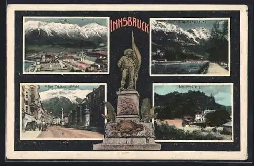 AK Innsbruck, Totale, Maria Theresienstrasse, der Berg Isel und Blick auf die Hungerburg, Denkmal