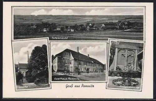AK Pomnitz, Gasthaus Pomnitz, Kriegerdenkmal und Kirche