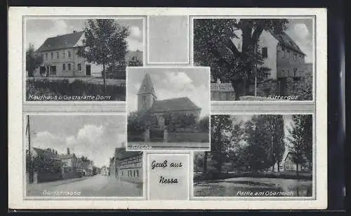 AK Nessa, Kaufhaus-Gaststätte Dorn, Rittergut, Kirche, Dorfstrasse