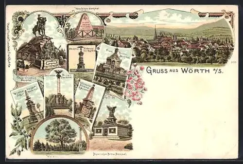 Lithographie Wörth a/S, Hessisches Denkmal, Württemberger Jägerdenkmal, Franz. Armee-Denkmal
