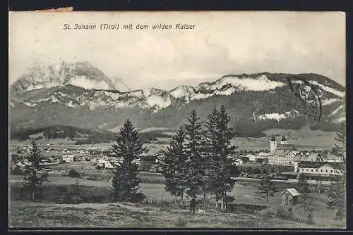 AK St. Johann /Tirol, Teilansicht mit dem Wilden Kaiser