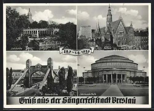 AK Breslau, Kaiserbrücke, Rathaus, Jahrhunderthalle, Liebichshöhe