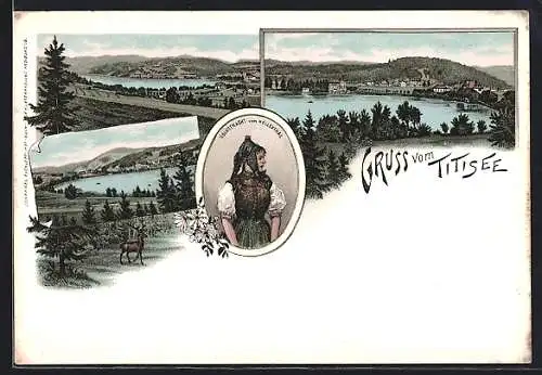 Lithographie Titisee, Volkstracht vom Höllenthal, Panorama mit See