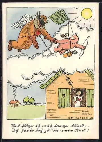 Künstler-AK Und flöge ich auch lange blind..., Fliegerhumor, Amor