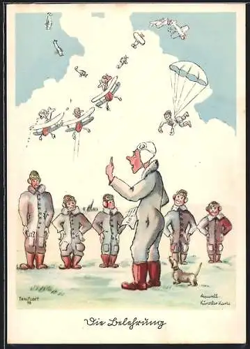 Künstler-AK Flieger-Humor, Die Belehrung, Fallschirmjäger