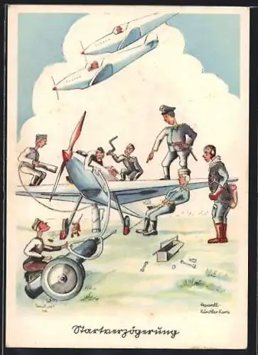 Künstler-AK Serie Flieger-Humor, Startverzögerung