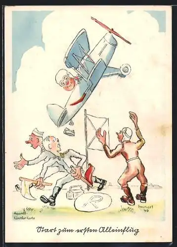 Künstler-AK Serie Flieger-Humor, Start zum ersten Alleinflug