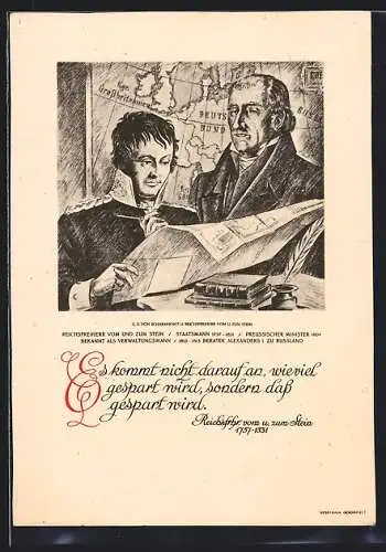 Künstler-AK Reichsfreiherr vom und zum Stein mit Landkarte, Befreiungskriege